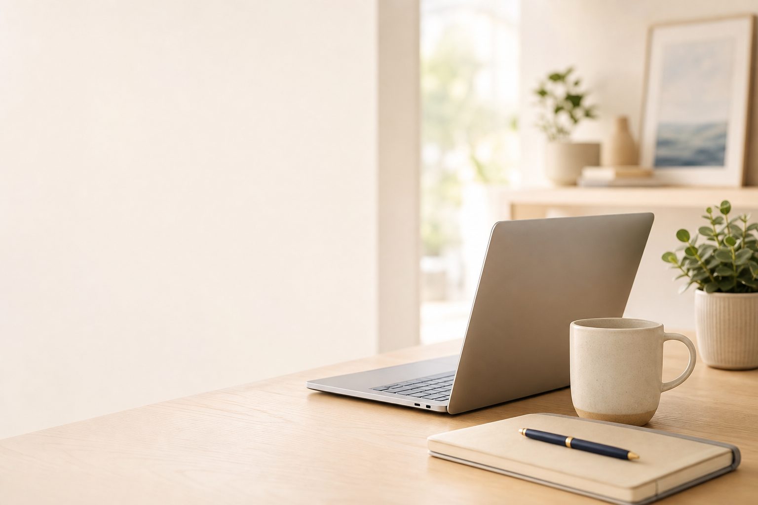 Un escritorio de oficina en casa, organizado y tranquilo, con laptop, planta y café — Asega Financial